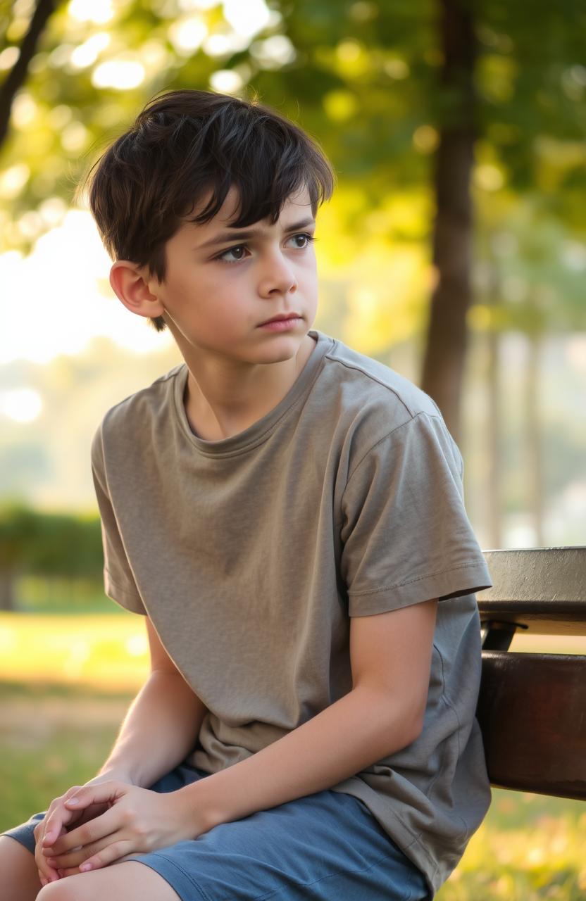 A young boy sitting alone on a park bench, looking pensive and introspective