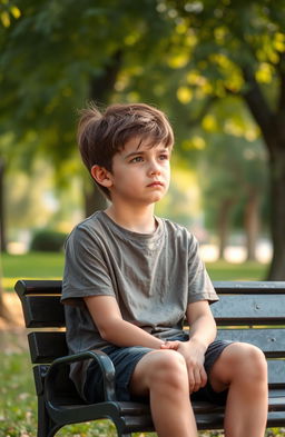 A young boy sitting alone on a park bench, looking pensive and introspective