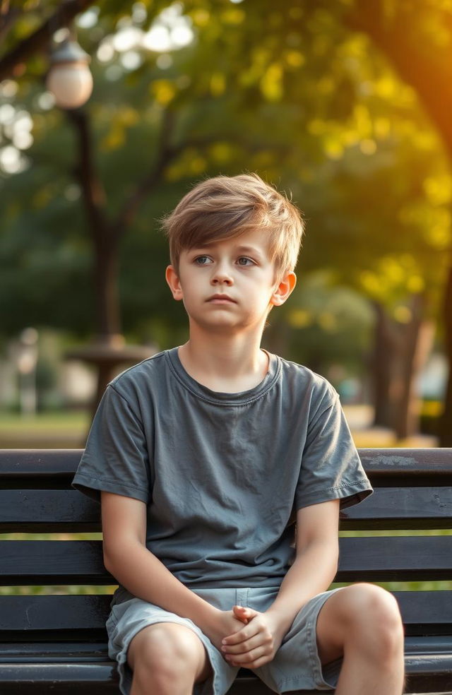 A young boy sitting alone on a park bench, looking pensive and introspective