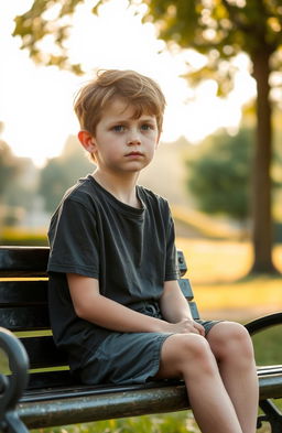 A young boy sitting alone on a park bench, looking pensive and introspective