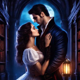 Dark academia styled vampire romance novel cover featuring a male vampire and female human in an old library under moonlight.