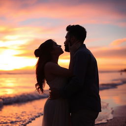 A romantic and intimate scene capturing a couple locked in a tender kiss