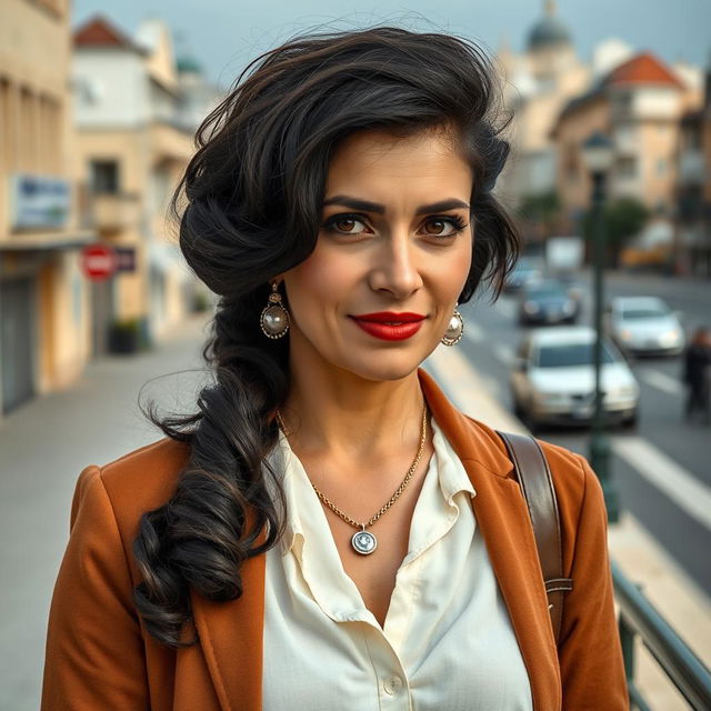 A full-length realistic photo of a 35-year-old Sephardic woman with dark hair, dressed in classic attire