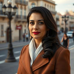 A full-length realistic photo of a 35-year-old Sephardic woman with dark hair, dressed in classic attire