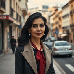 A full-length realistic photo of a 35-year-old Sephardic woman with dark hair, dressed in classic attire