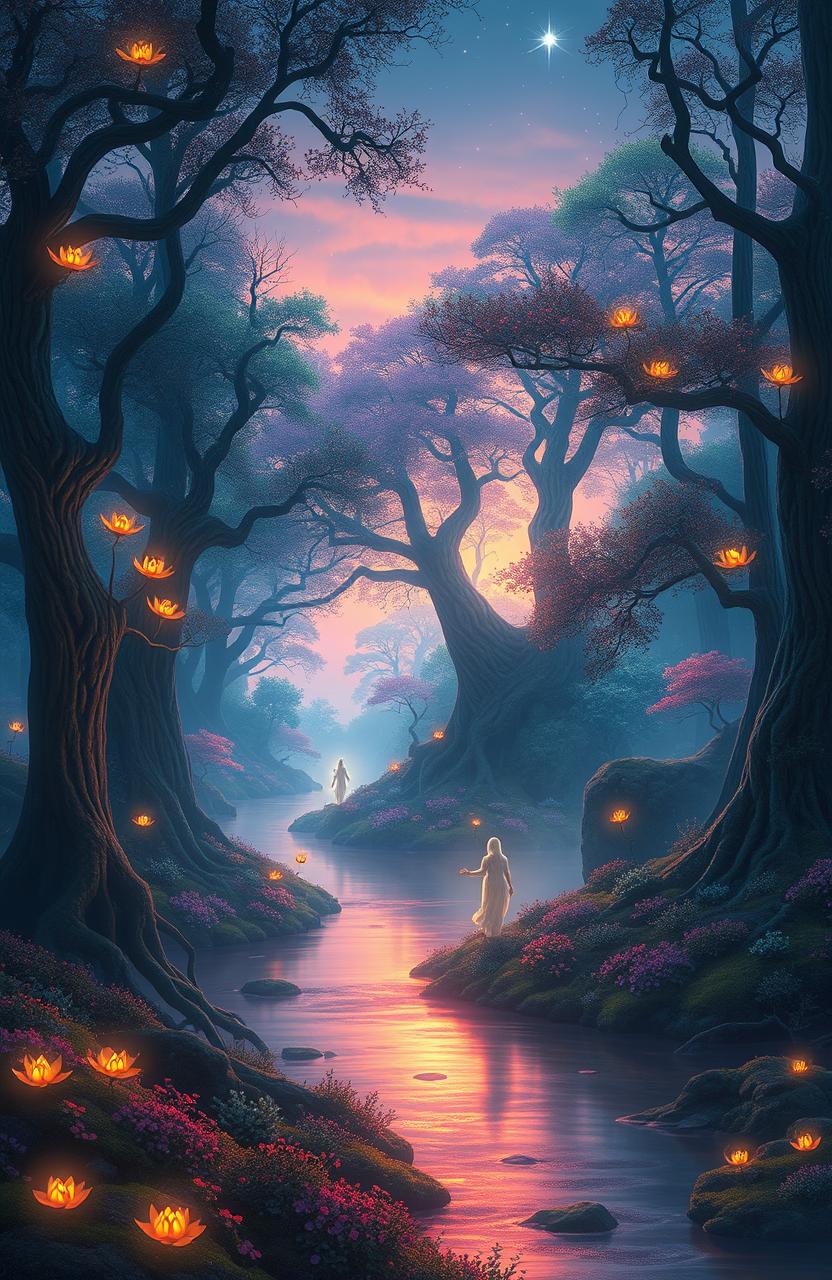 A mystical and ethereal landscape inspired by 'Beyond the Faith' by BeautyCipher, featuring an otherworldly forest bathed in twilight