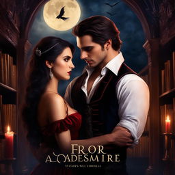 Dark academia styled vampire romance novel cover featuring a male vampire and female human in an old library under moonlight.