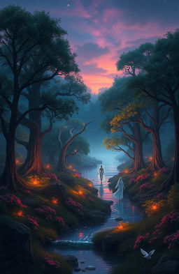 A mystical and ethereal landscape inspired by 'Beyond the Faith' by BeautyCipher, featuring an otherworldly forest bathed in twilight