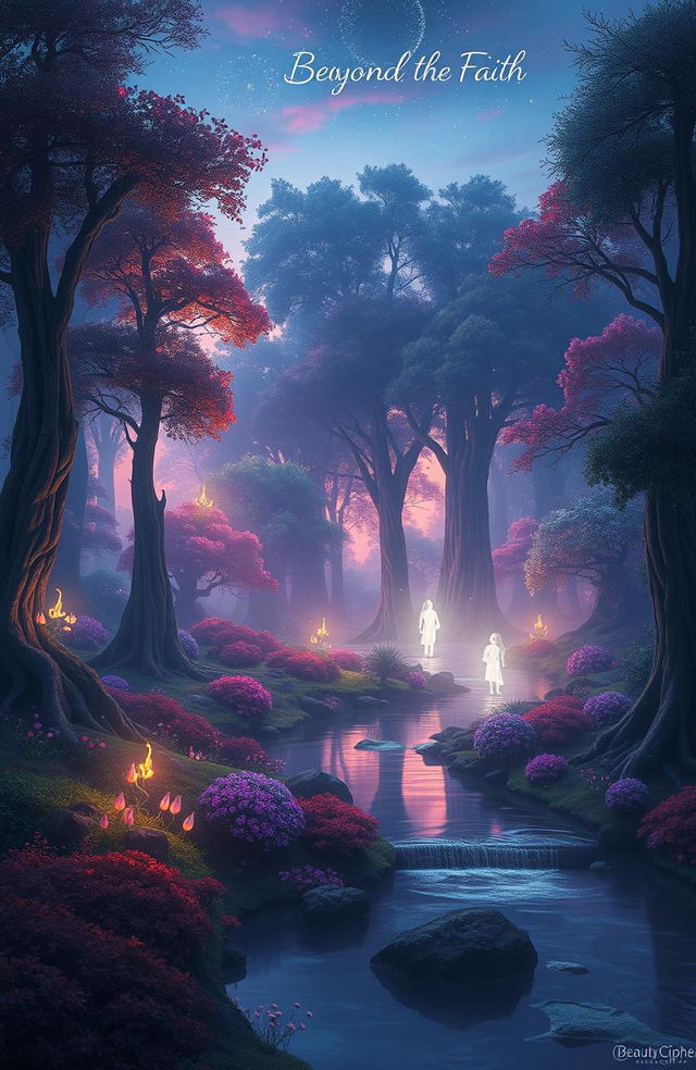 A mystical and ethereal landscape inspired by 'Beyond the Faith' by BeautyCipher, featuring an otherworldly forest bathed in twilight