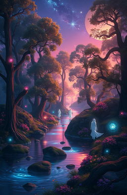 A mystical and ethereal landscape inspired by 'Beyond the Faith' by BeautyCipher, featuring an otherworldly forest bathed in twilight