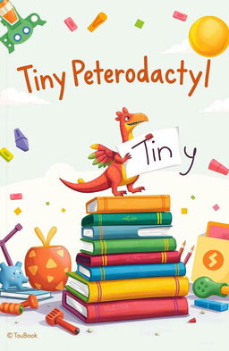 A whimsical and imaginative book cover for a children's book titled 'Tiny Pterodactyl'