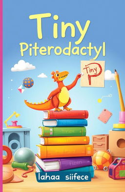 A whimsical and imaginative book cover for a children's book titled 'Tiny Pterodactyl'