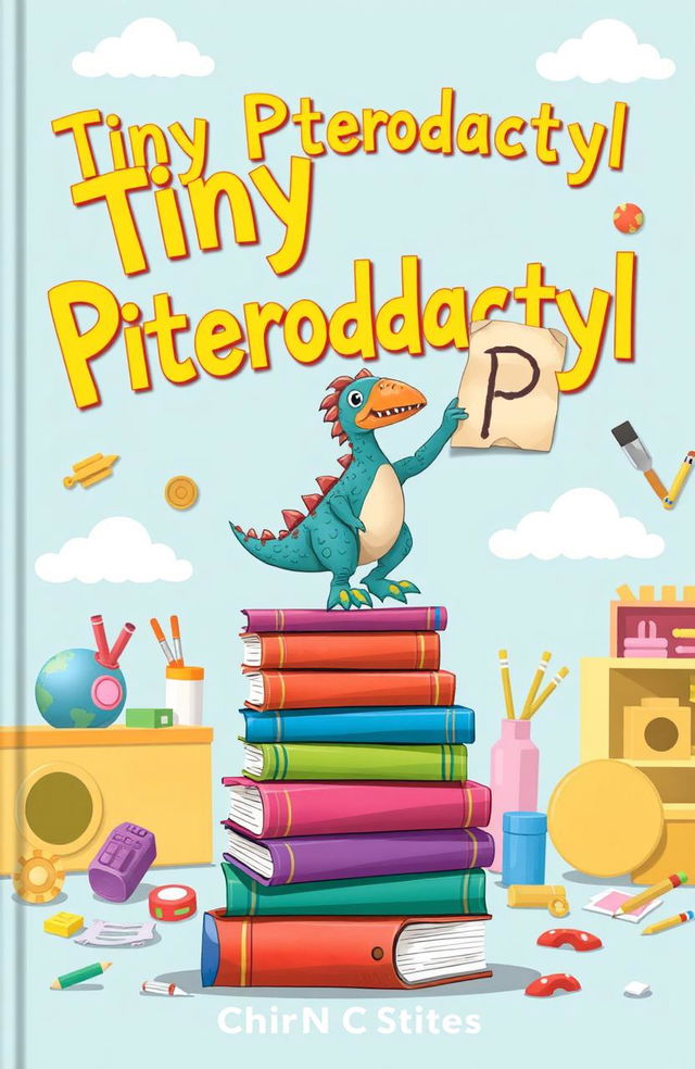 A whimsical and imaginative book cover for a children's book titled 'Tiny Pterodactyl'