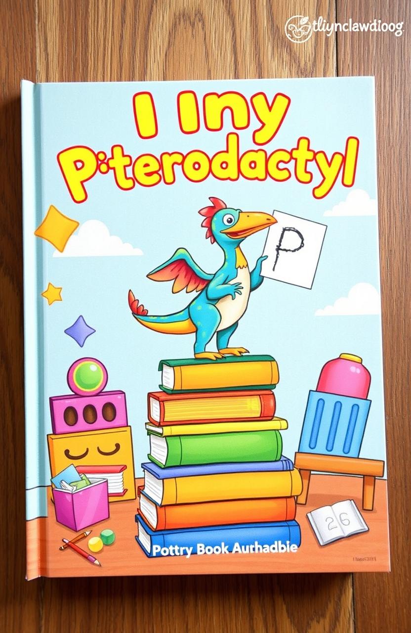 A whimsical and imaginative book cover for a children's book titled 'Tiny Pterodactyl'