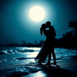 A deeply romantic scene featuring a couple entangled in a passionate kiss on a moonlit beach