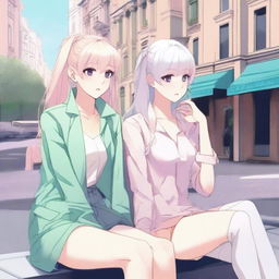 Two platinum-haired girls, sitting on a city bench, each with a secretive expression