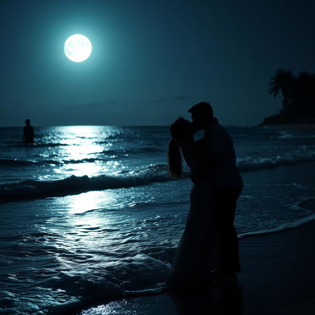 A deeply romantic scene featuring a couple entangled in a passionate kiss on a moonlit beach