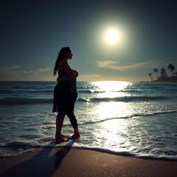 A deeply romantic scene featuring a couple entangled in a passionate kiss on a moonlit beach