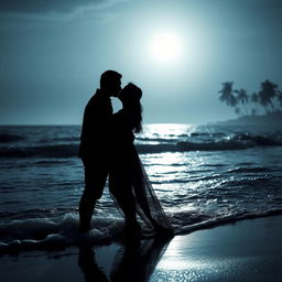 A deeply romantic scene featuring a couple entangled in a passionate kiss on a moonlit beach