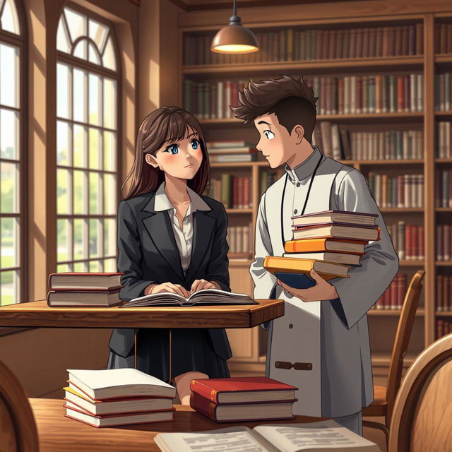 A heartfelt scene capturing a law student girl and a boy destined to become a priest, set in a cozy university library