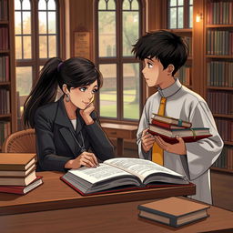 A heartfelt scene capturing a law student girl and a boy destined to become a priest, set in a cozy university library