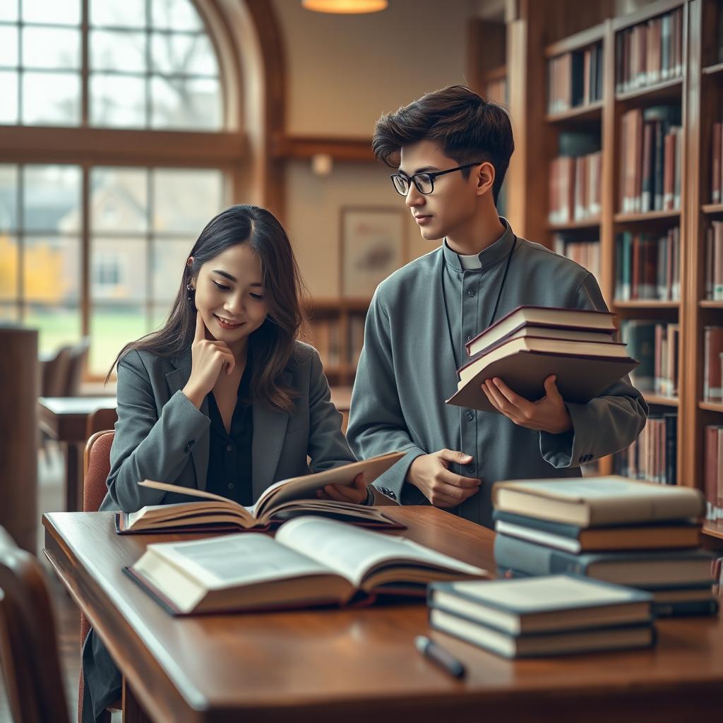 A heartfelt scene capturing a law student girl and a boy destined to become a priest, set in a cozy university library