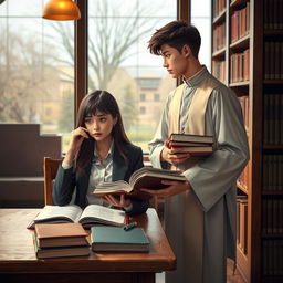 A heartfelt scene capturing a law student girl and a boy destined to become a priest, set in a cozy university library
