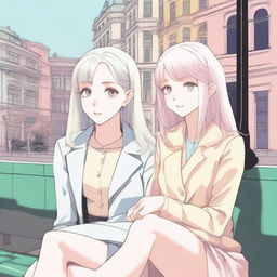 Two platinum-haired girls, sitting on a city bench, each with a secretive expression