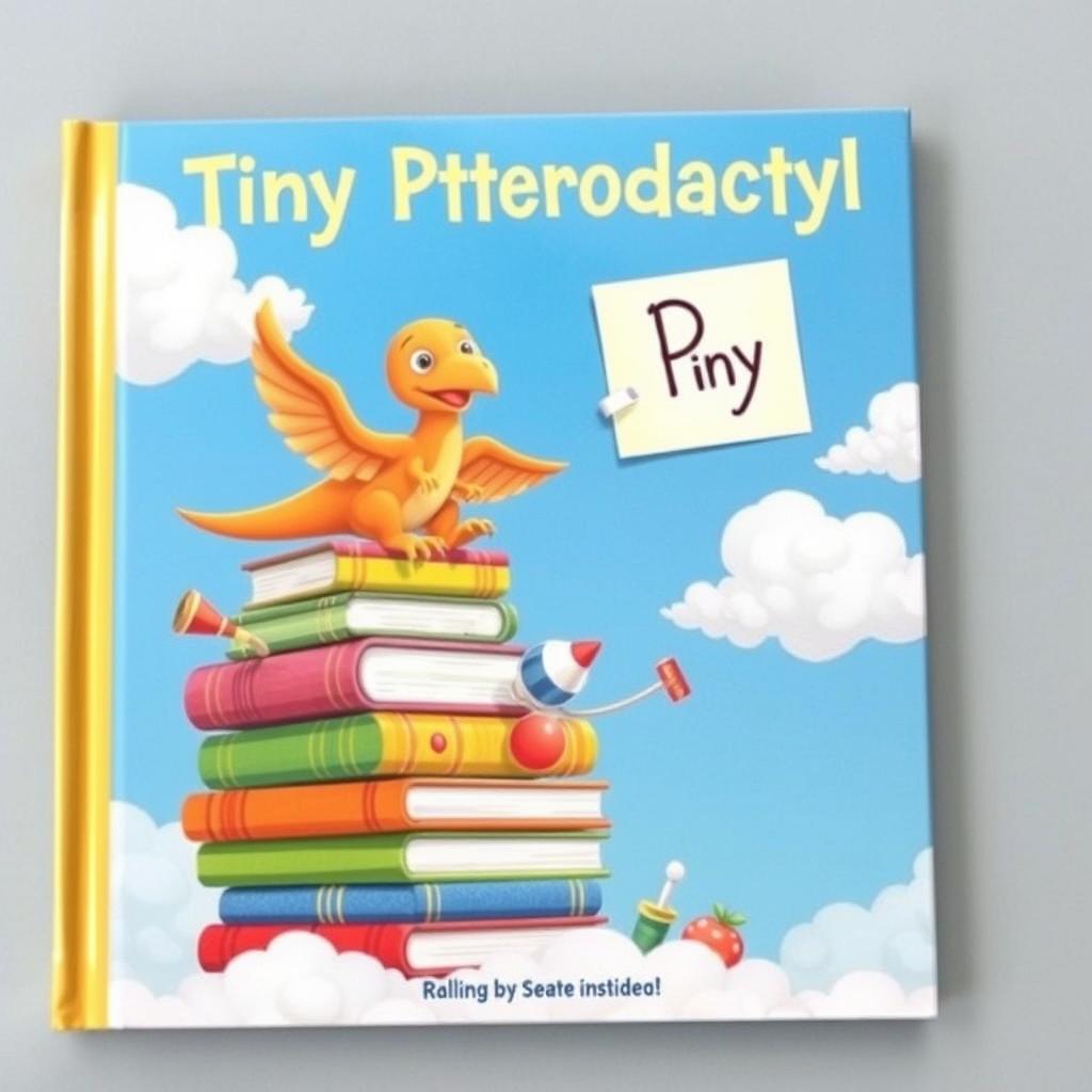 An imaginative book cover for 'Tiny Pterodactyl', featuring a small, cute pterodactyl, full of personality, scaling a colorful stack of books and various whimsical objects