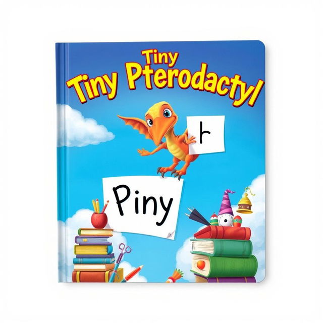 An imaginative book cover for 'Tiny Pterodactyl', featuring a small, cute pterodactyl, full of personality, scaling a colorful stack of books and various whimsical objects