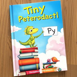 An imaginative book cover for 'Tiny Pterodactyl', featuring a small, cute pterodactyl, full of personality, scaling a colorful stack of books and various whimsical objects