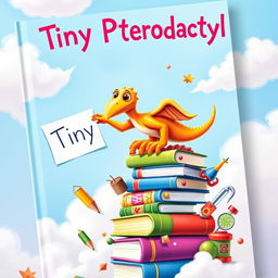 An imaginative book cover for 'Tiny Pterodactyl', featuring a small, cute pterodactyl, full of personality, scaling a colorful stack of books and various whimsical objects