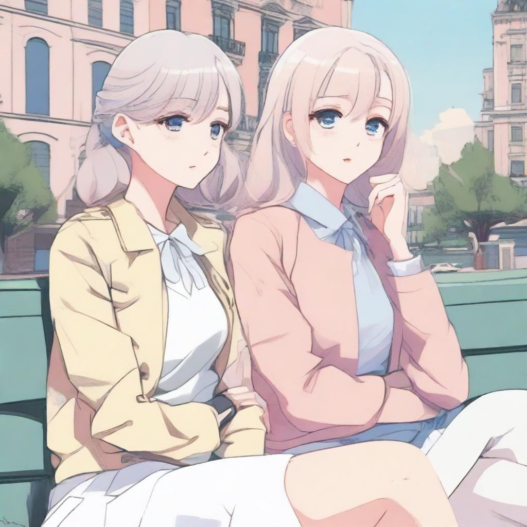 Two platinum-haired girls, sitting on a city bench, each with a secretive expression