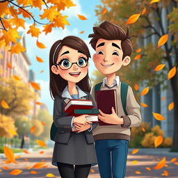 An animated scene depicting a girl law student and a soon-to-be priest boy, set in a vibrant university campus during autumn