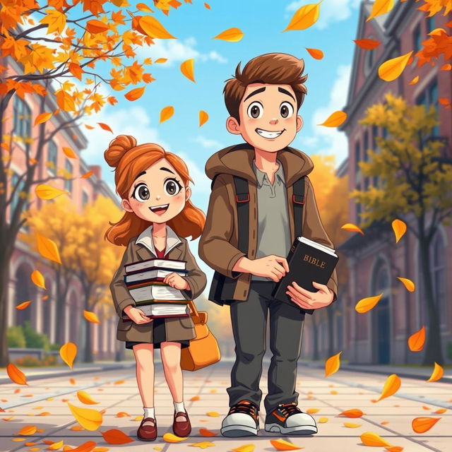 An animated scene depicting a girl law student and a soon-to-be priest boy, set in a vibrant university campus during autumn