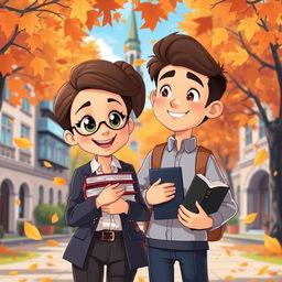 An animated scene depicting a girl law student and a soon-to-be priest boy, set in a vibrant university campus during autumn