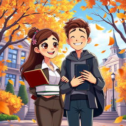 An animated scene depicting a girl law student and a soon-to-be priest boy, set in a vibrant university campus during autumn