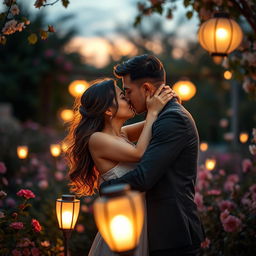 An intimate and romantic scene of a couple caught in a passionate embrace, sharing a deep kiss