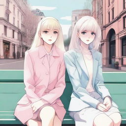 Two platinum-haired girls, sitting on a city bench, each with a secretive expression