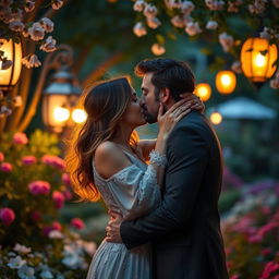 An intimate and romantic scene of a couple caught in a passionate embrace, sharing a deep kiss