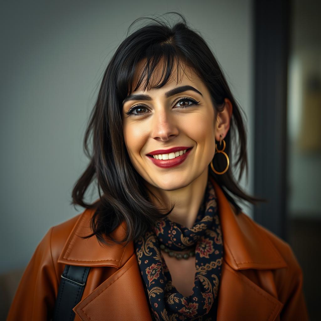 A realistic portrait photo of a lively 35-year-old Sephardic woman with dark hair, dressed in stylish clothing