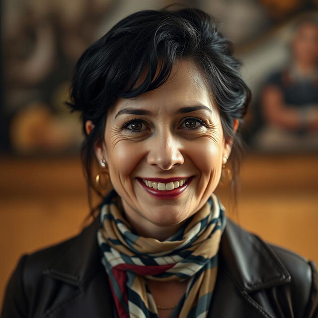 A realistic portrait photo of a lively 35-year-old Sephardic woman with dark hair, dressed in stylish clothing