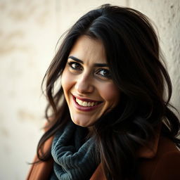 A realistic portrait photo of a lively 35-year-old Sephardic woman with dark hair, dressed in stylish clothing