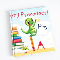 A whimsical book cover for 'Tiny Pterodactyl', featuring a charming cartoonish tiny pterodactyl with large expressive eyes, a playful demeanor, and vibrant colors