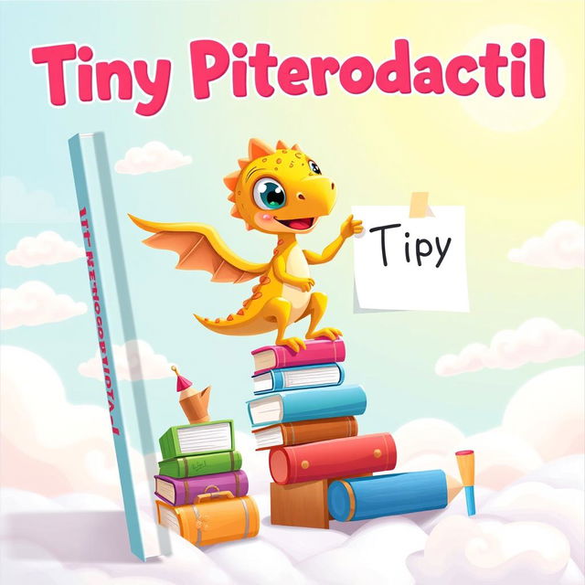 A whimsical book cover for 'Tiny Pterodactyl', featuring a charming cartoonish tiny pterodactyl with large expressive eyes, a playful demeanor, and vibrant colors