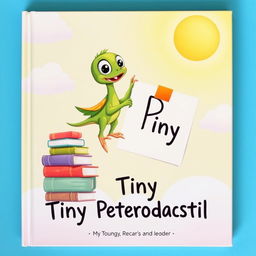 A whimsical book cover for 'Tiny Pterodactyl', featuring a charming cartoonish tiny pterodactyl with large expressive eyes, a playful demeanor, and vibrant colors