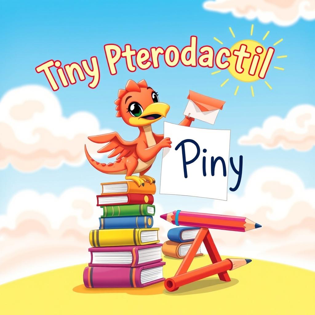 A whimsical book cover for 'Tiny Pterodactyl', featuring a charming cartoonish tiny pterodactyl with large expressive eyes, a playful demeanor, and vibrant colors