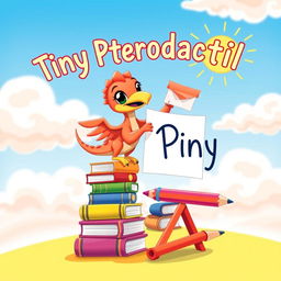 A whimsical book cover for 'Tiny Pterodactyl', featuring a charming cartoonish tiny pterodactyl with large expressive eyes, a playful demeanor, and vibrant colors