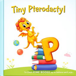 A charming book cover for 'Tiny Pterodactyl' featuring a small, cartoon-style pterodactyl with big, expressive eyes and vividly colored feathers