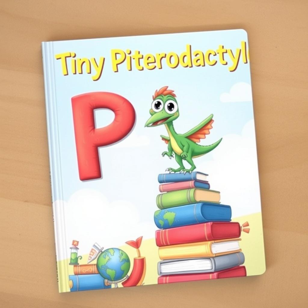 A charming book cover for 'Tiny Pterodactyl' featuring a small, cartoon-style pterodactyl with big, expressive eyes and vividly colored feathers